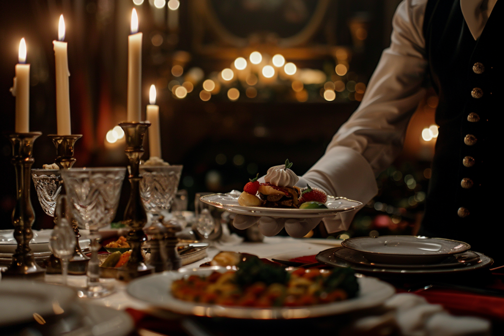 Service raffiné lors d’un dîner chic, un traiteur haut de gamme présente une assiette gastronomique à un invité.