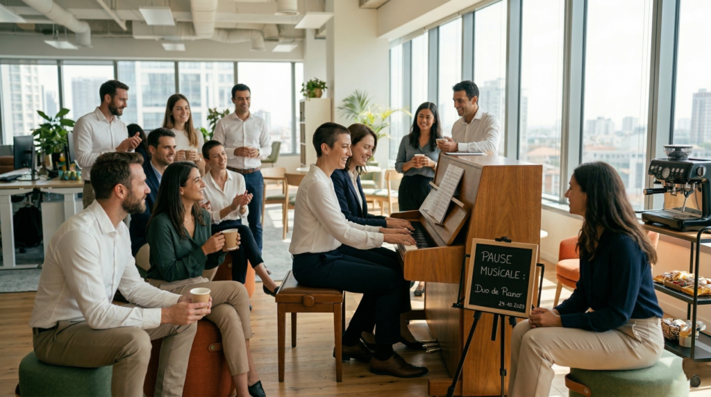 Des collègues qui profitent de la pause pour faire une session de piano.